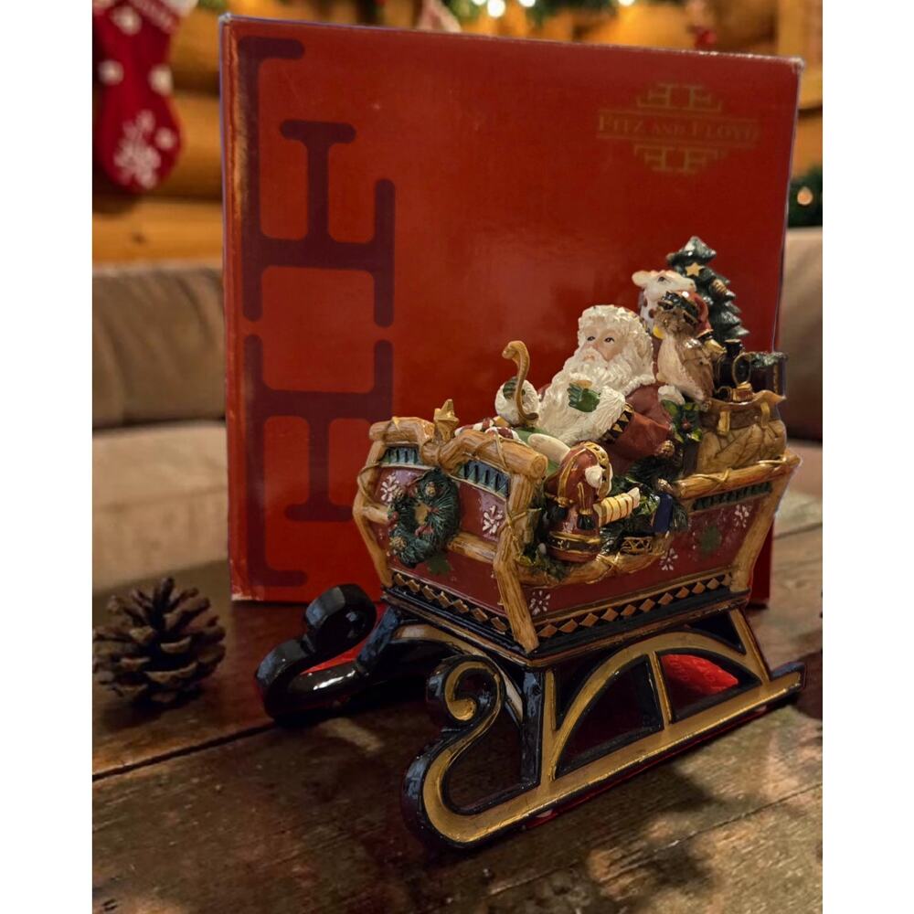 Fitz and Floyd Christmas Lodge Sleigh Musical Tune Here Comes Santa Claus IOB